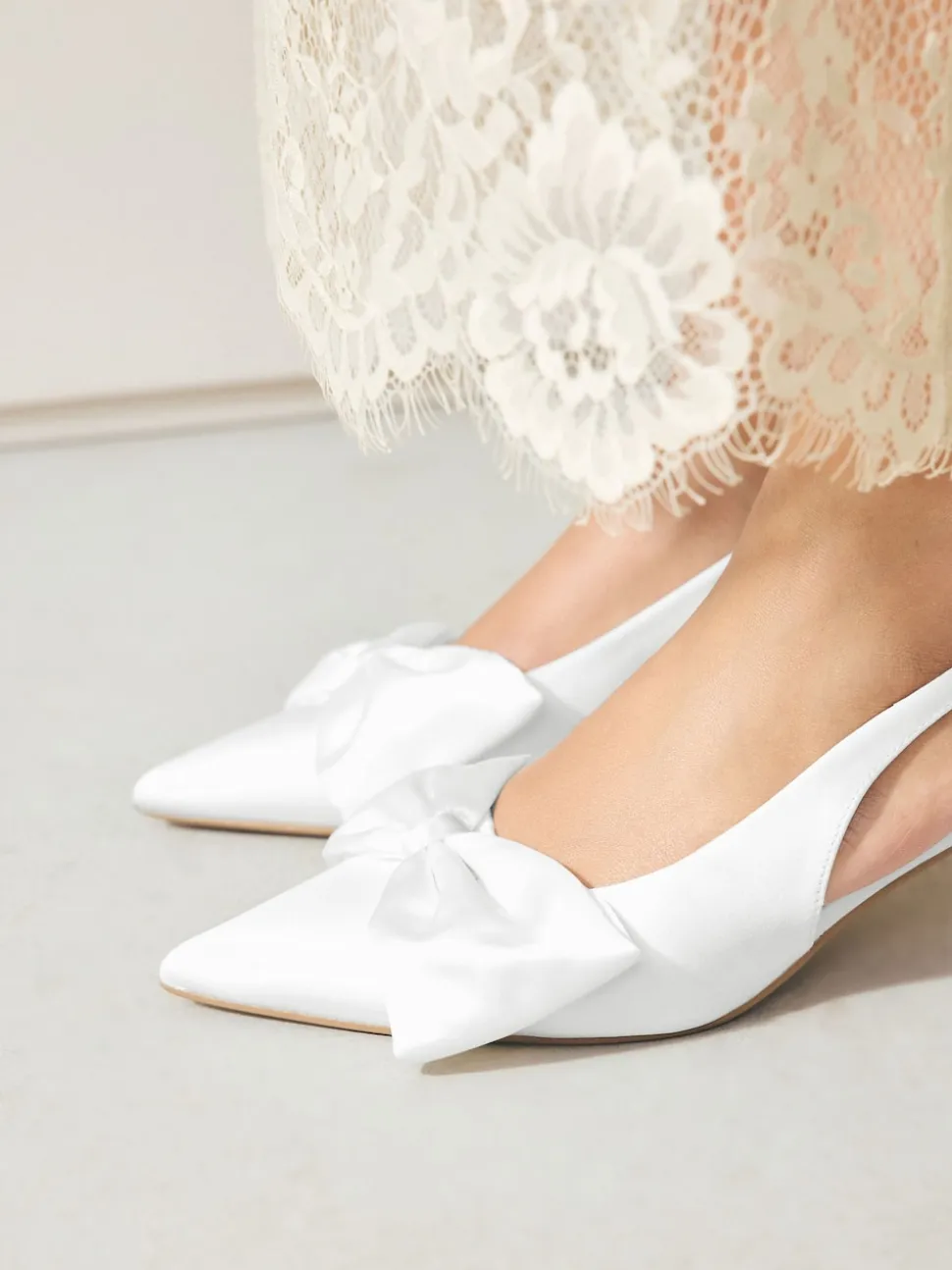 White Forever Comfort® Wedding Satin Bow Pointed Toe Slingback Heels