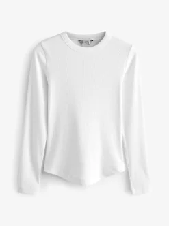 White Long Sleeve Ribbed Crew Neck Top