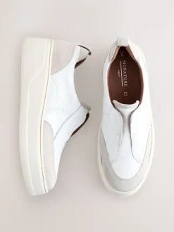 White Slip On Signature Leather Chunky Wedge Platform Trainers