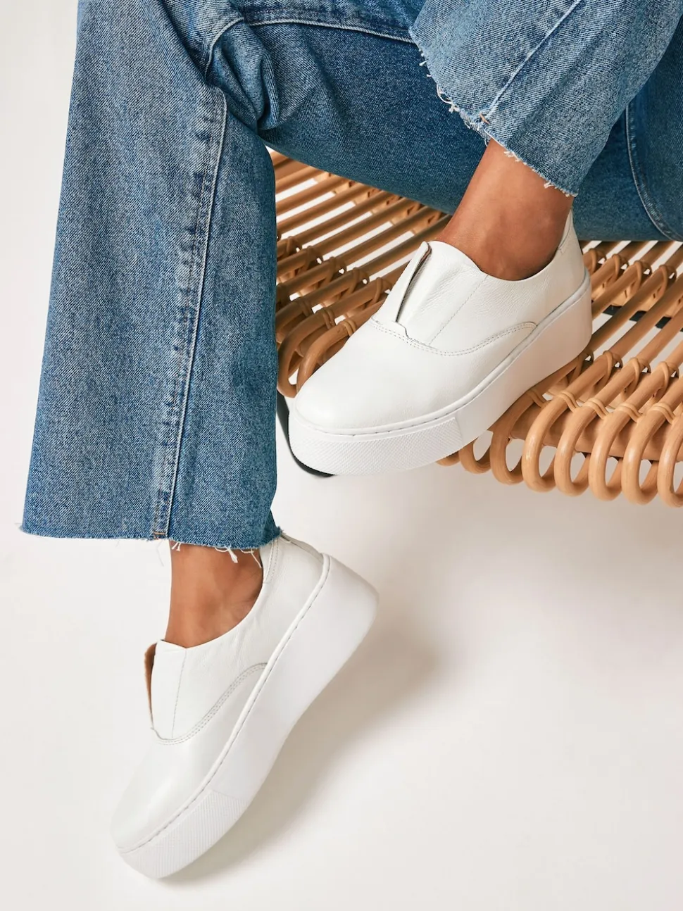 White Slip On Signature Leather Chunky Wedge Platform Trainers