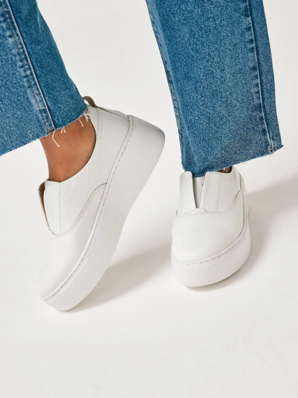 White Slip On Signature Leather Chunky Wedge Platform Trainers