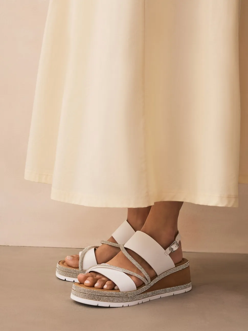 White Standard/Wide Fit Leather Bling Detail Slingback Sports Wedge Sandals