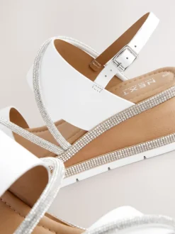 White Standard/Wide Fit Leather Bling Detail Slingback Sports Wedge Sandals