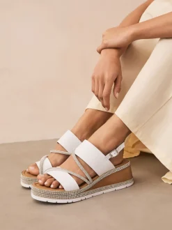White Standard/Wide Fit Leather Bling Detail Slingback Sports Wedge Sandals