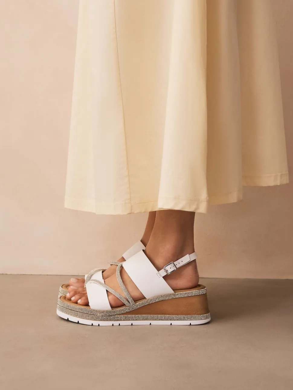 White Standard/Wide Fit Leather Bling Detail Slingback Sports Wedge Sandals