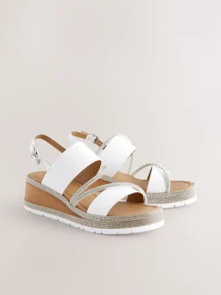 White Standard/Wide Fit Leather Bling Detail Slingback Sports Wedge Sandals