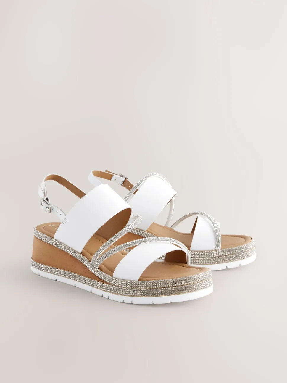 White Standard/Wide Fit Leather Bling Detail Slingback Sports Wedge Sandals