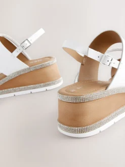 White Standard/Wide Fit Leather Bling Detail Slingback Sports Wedge Sandals