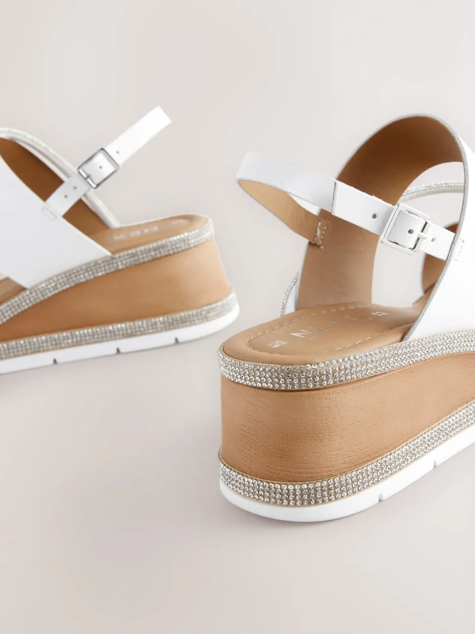 White Standard/Wide Fit Leather Bling Detail Slingback Sports Wedge Sandals