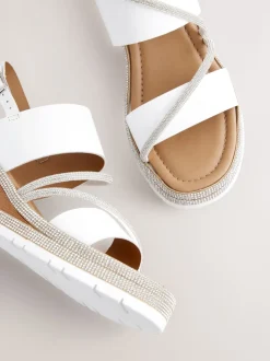 White Standard/Wide Fit Leather Bling Detail Slingback Sports Wedge Sandals