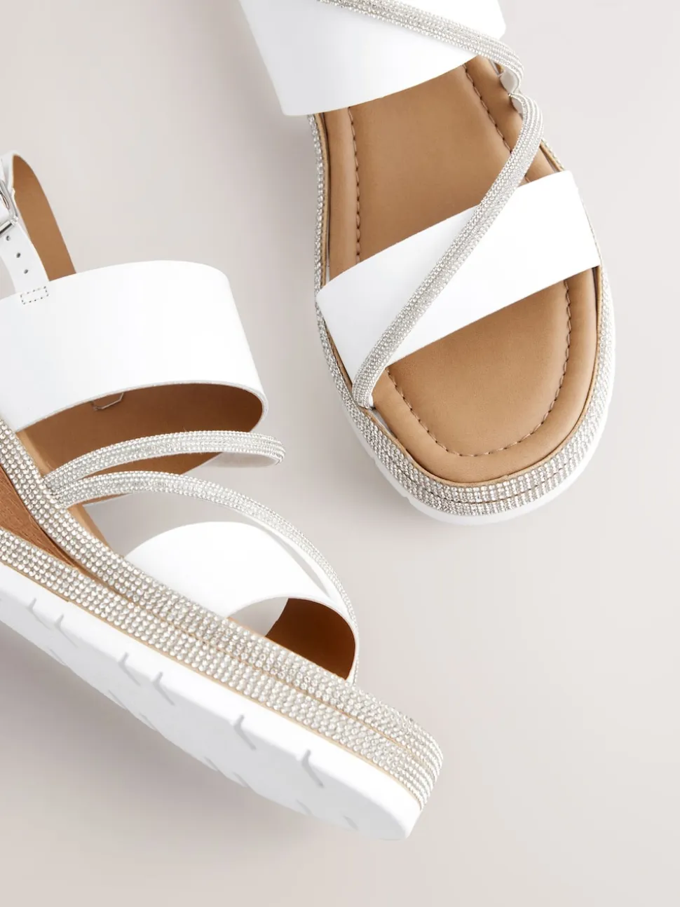 White Standard/Wide Fit Leather Bling Detail Slingback Sports Wedge Sandals