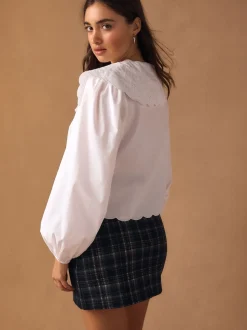 White Statement Collar Broderie Long Sleeve Blouse