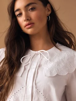 White Statement Collar Broderie Long Sleeve Blouse