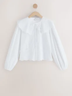 White Statement Collar Broderie Long Sleeve Blouse