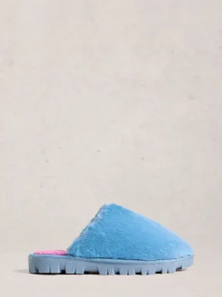 White Stuff Blue Faux Fur Mule Slippers