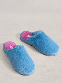 White Stuff Blue Faux Fur Mule Slippers