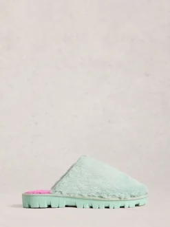 White Stuff Green Faux Fur Mule Slippers