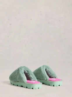 White Stuff Green Faux Fur Mule Slippers