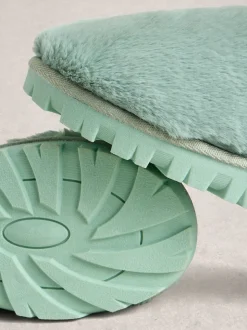 White Stuff Green Faux Fur Mule Slippers