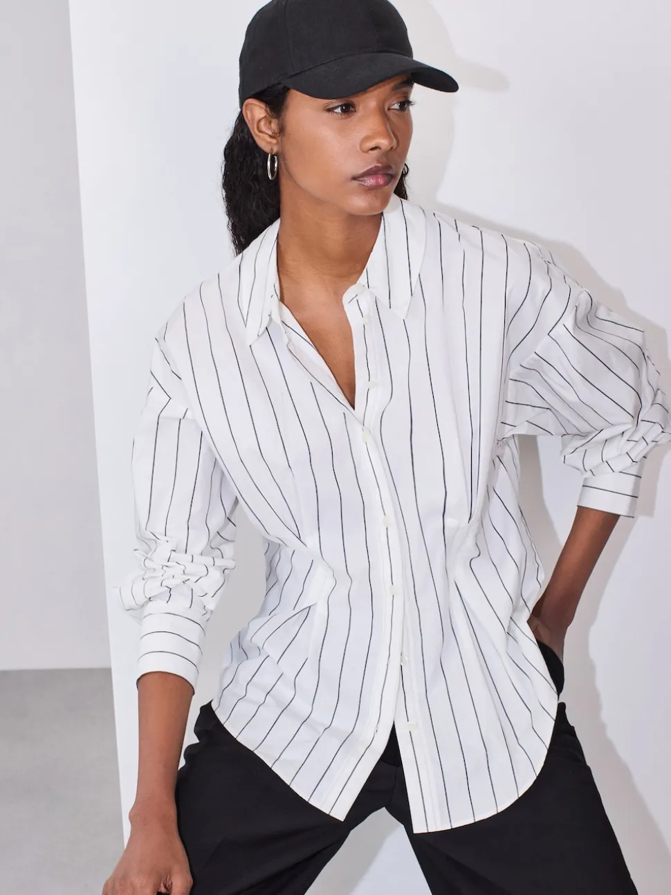 White/Black Stripe Cinched Waist Fitted Shirt