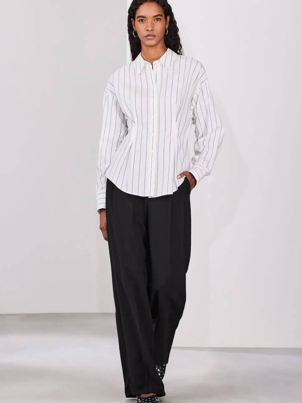 White/Black Stripe Cinched Waist Fitted Shirt