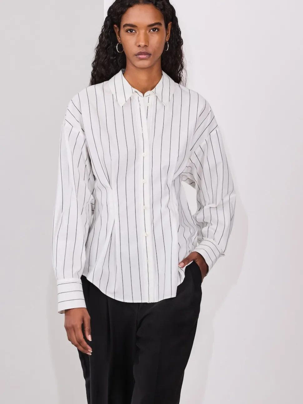 White/Black Stripe Cinched Waist Fitted Shirt