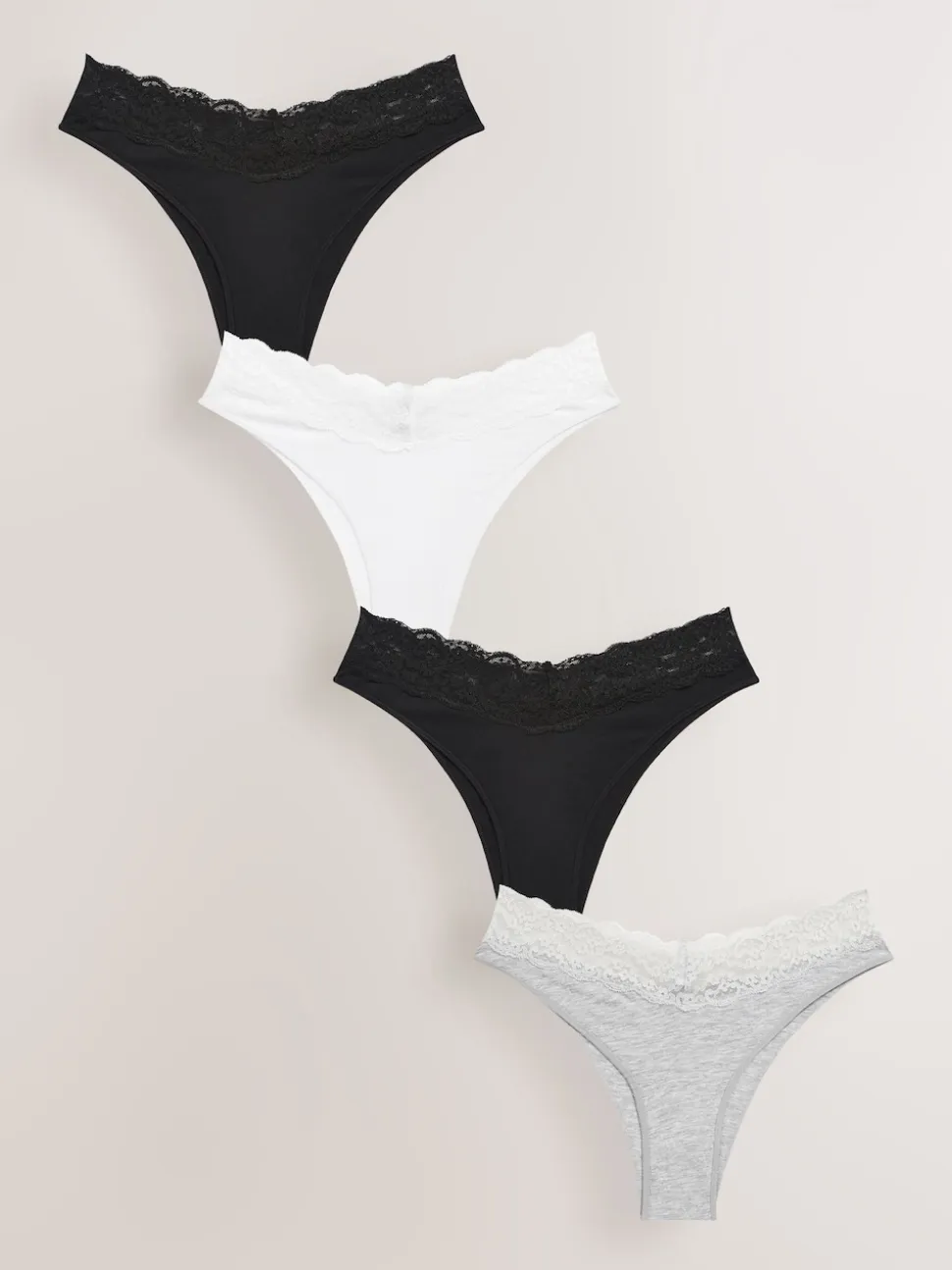 White/Black/Grey Extra High Leg Cotton Lace Knickers 4 Pack