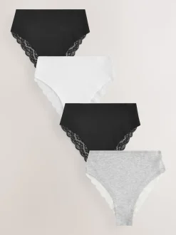 White/Black/Grey High Rise High Leg Cotton Lace Knickers 4 Pack