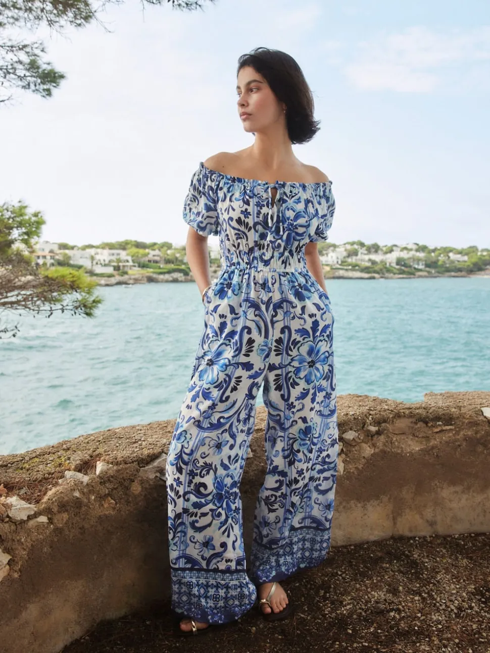 White/Blue Floral Print Off the Shoulder Jumpsuit