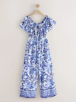 White/Blue Floral Print Off the Shoulder Jumpsuit