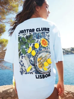 White/Blue Graphic Print Beach T-Shirt
