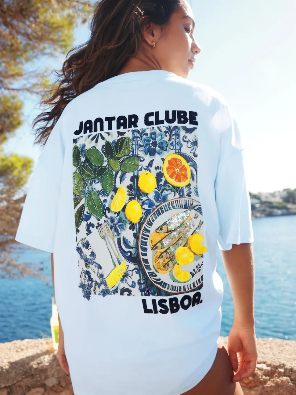 White/Blue Graphic Print Beach T-Shirt