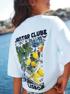 White/Blue Graphic Print Beach T-Shirt