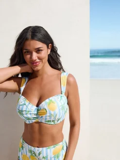 White/Blue Pique Stripe Lemon Print Wired Bandeau Bikini Top
