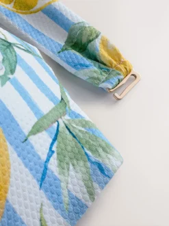White/Blue Pique Stripe Lemon Print Wired Bandeau Bikini Top