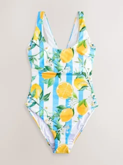 White/Blue Stripe Lemon Print Dd+ Wired Scoop Neck Tummy Control Swimsuit