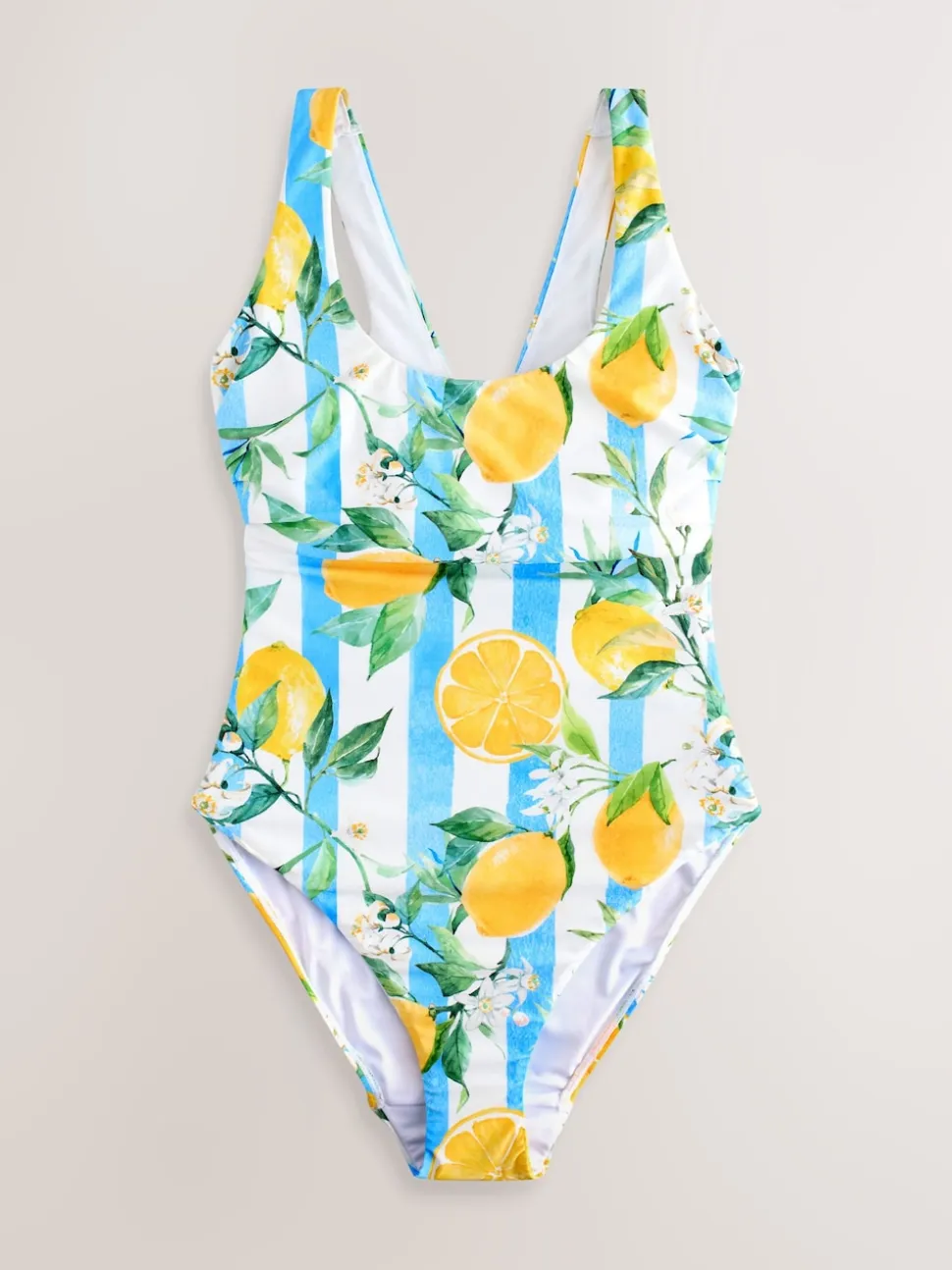 White/Blue Stripe Lemon Print Dd+ Wired Scoop Neck Tummy Control Swimsuit