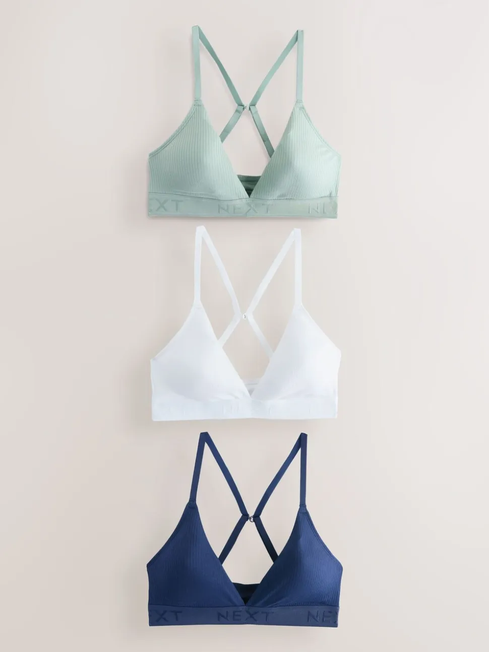 White/Green/Navy Cotton Ribbed Logo Bralettes 3 Pack