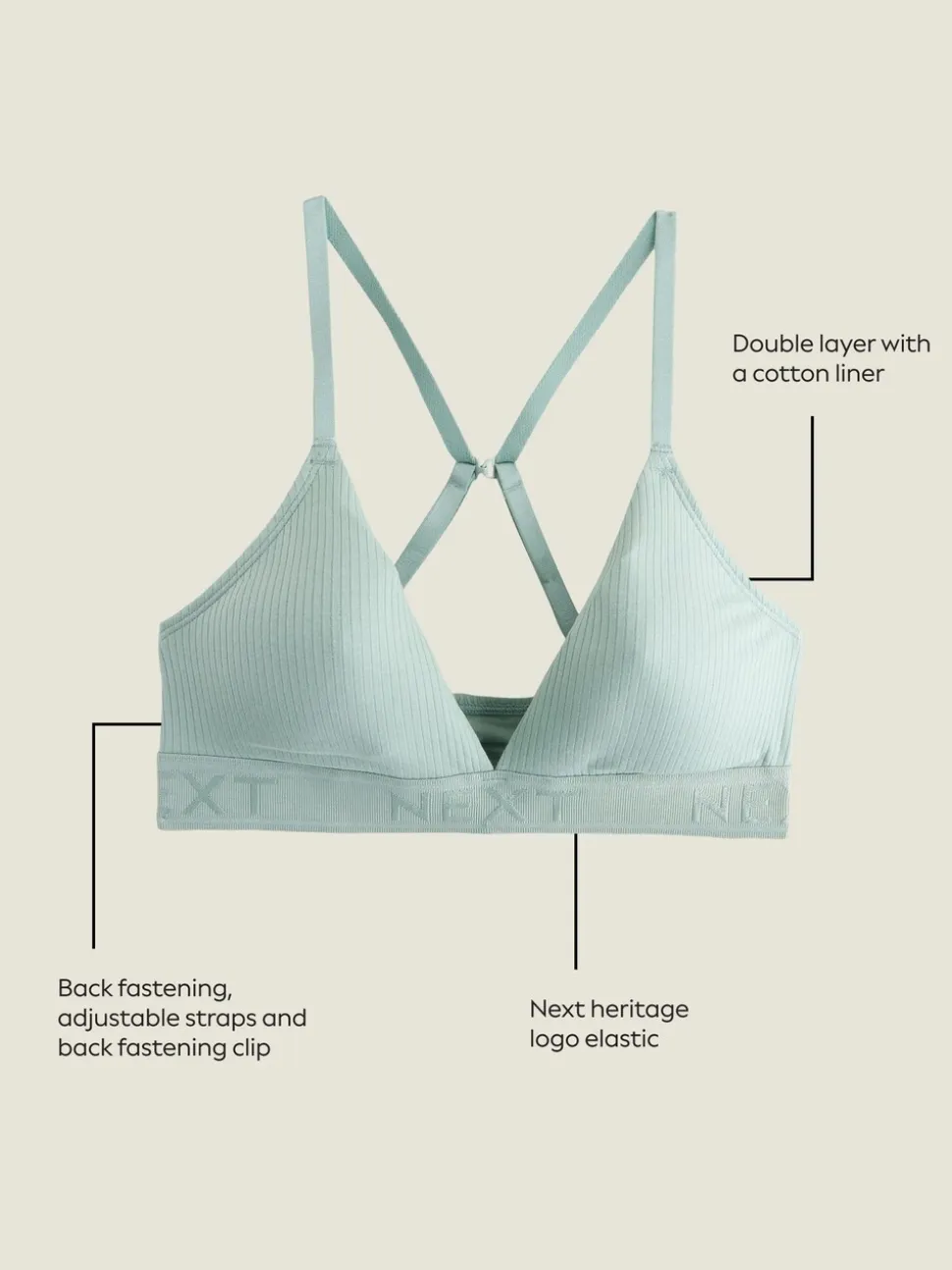 White/Green/Navy Cotton Ribbed Logo Bralettes 3 Pack