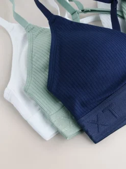 White/Green/Navy Cotton Ribbed Logo Bralettes 3 Pack