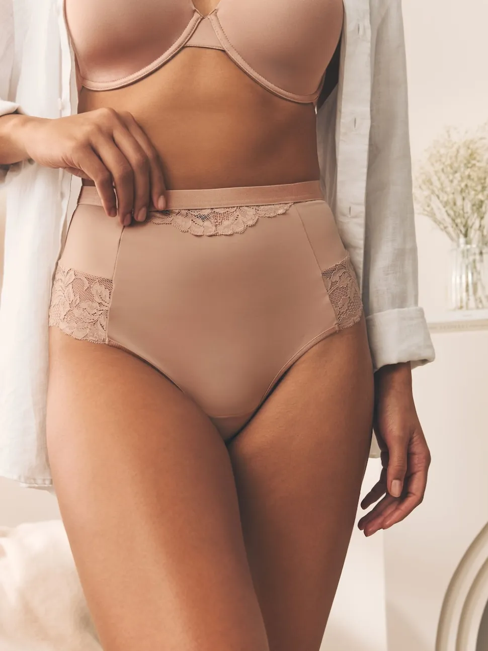 White/Praline Nude Tummy Control Light Shaping High Waist Thongs 2 Pack