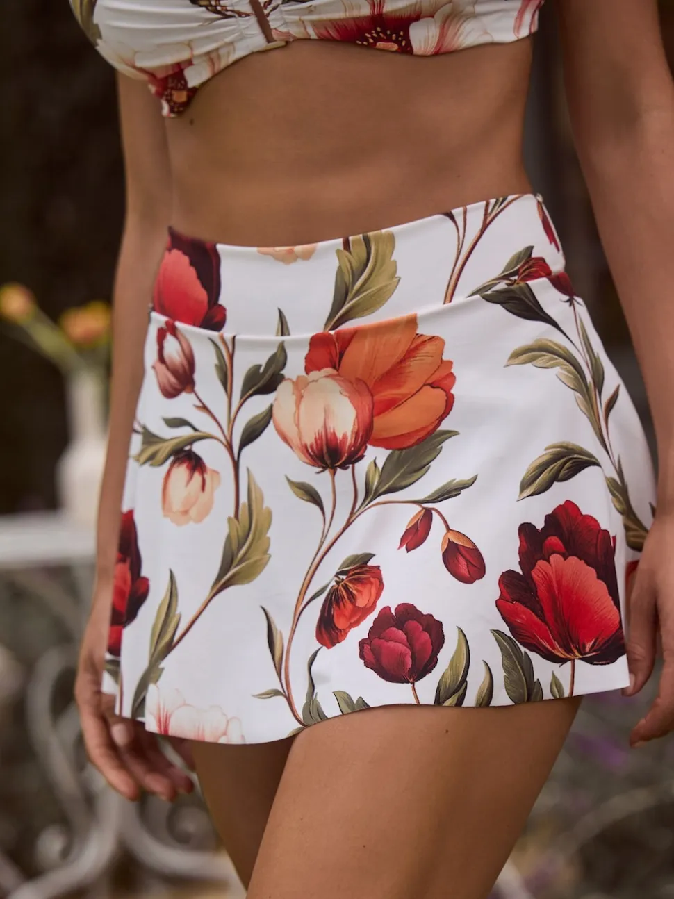 White/Red Floral Swim Skirt Bikini Bottoms