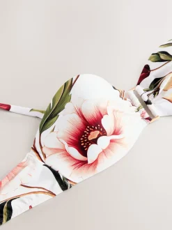 White/Red Floral Wired Bandeau Bikini Top