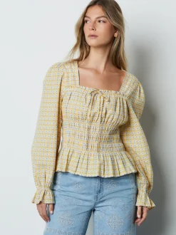 Yellow Gingham Shirred Long Sleeve Milkmaid Top