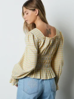 Yellow Gingham Shirred Long Sleeve Milkmaid Top