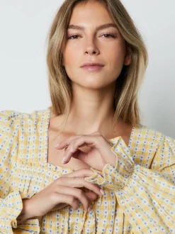 Yellow Gingham Shirred Long Sleeve Milkmaid Top