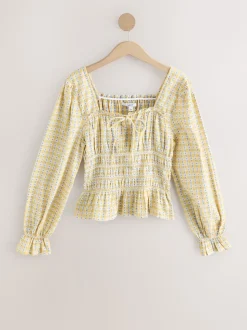 Yellow Gingham Shirred Long Sleeve Milkmaid Top