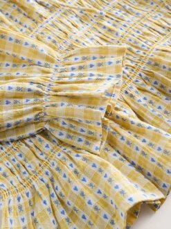 Yellow Gingham Shirred Long Sleeve Milkmaid Top