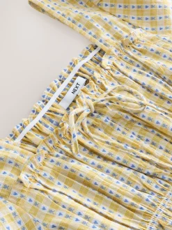 Yellow Gingham Shirred Long Sleeve Milkmaid Top