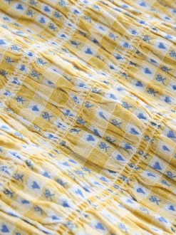 Yellow Gingham Shirred Long Sleeve Milkmaid Top